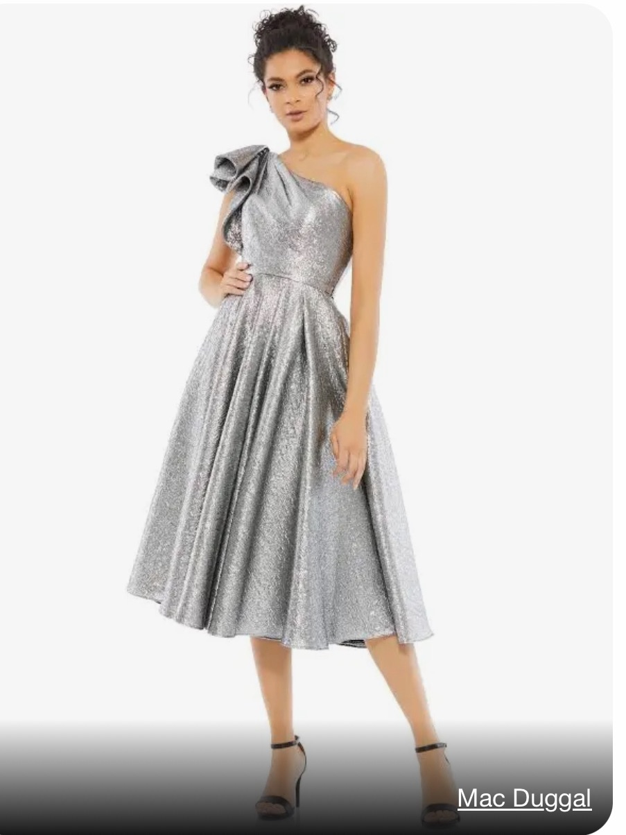 Mac Duggal Silver One-Shoulder Midi Dress With Bow Detail
